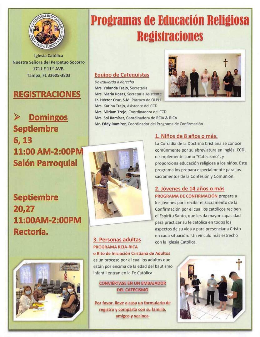 Programas de Educacion Religiosa Registraciones, Septembre 2020